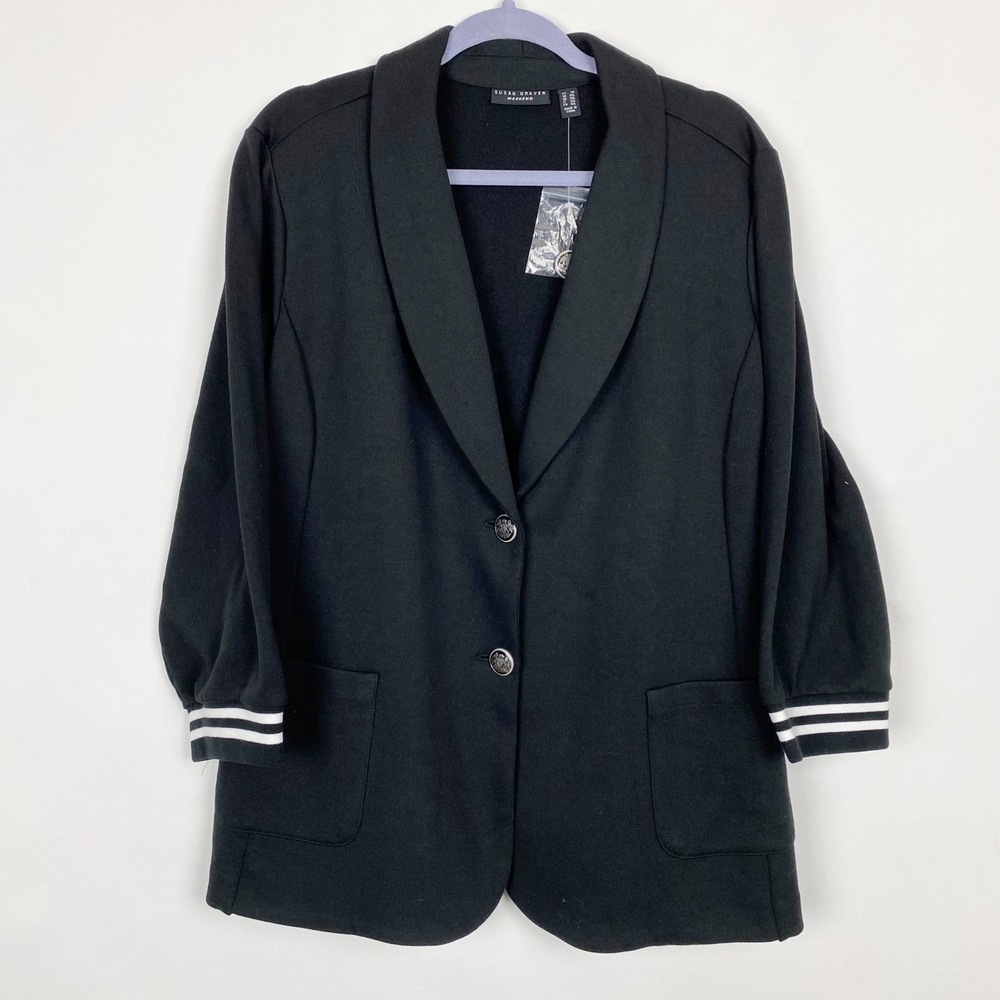Susan Graver Weekend Knit Shawl Collar Blazer Women 2X Black Striped Cuff